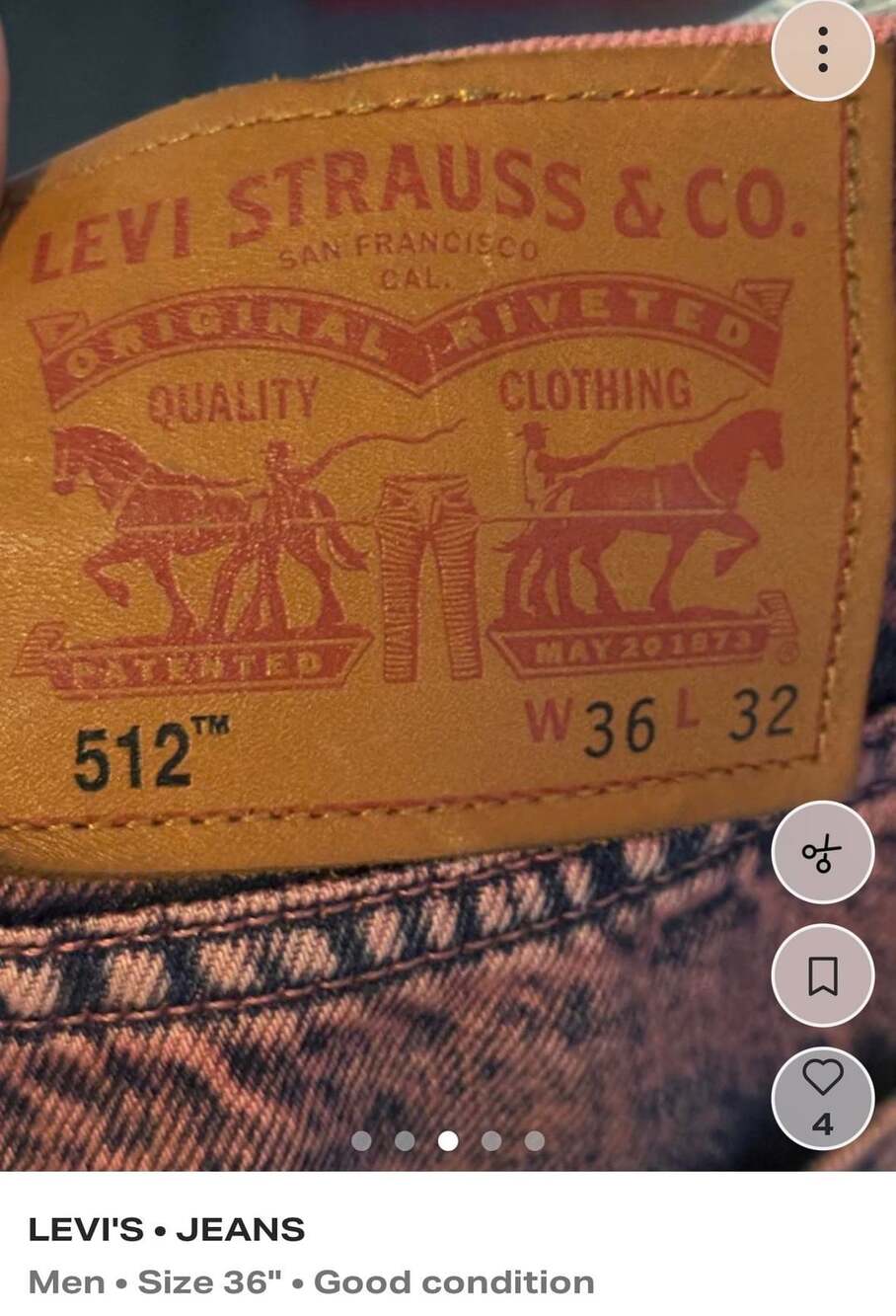 Levi's 512 Size 36x32 Distressed Denim Jeans